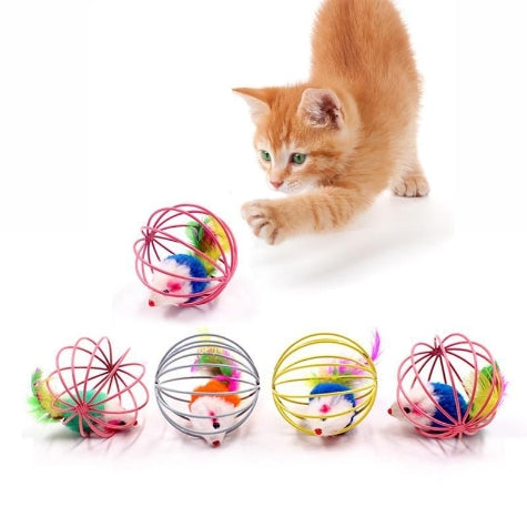 Trixie Plush Mouse in Wire Ball Cat Toy - WHITE/6CM
