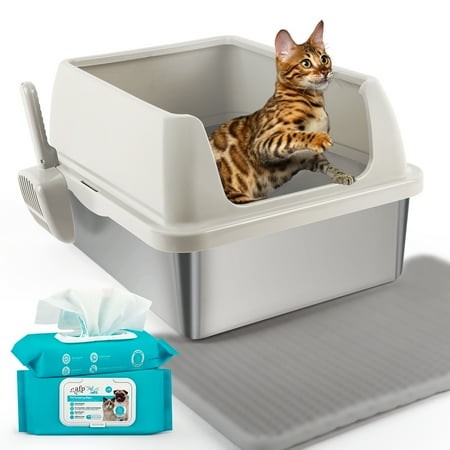 Go fresh Enclosed Stainless Steel Cat Litter Box Sand Cream